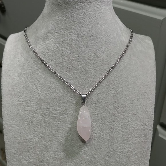 Rose Quartz Necklace Natural Gemstone Pink Crystal Pendant Stainless-Steel Chain - Picture 14 of 17